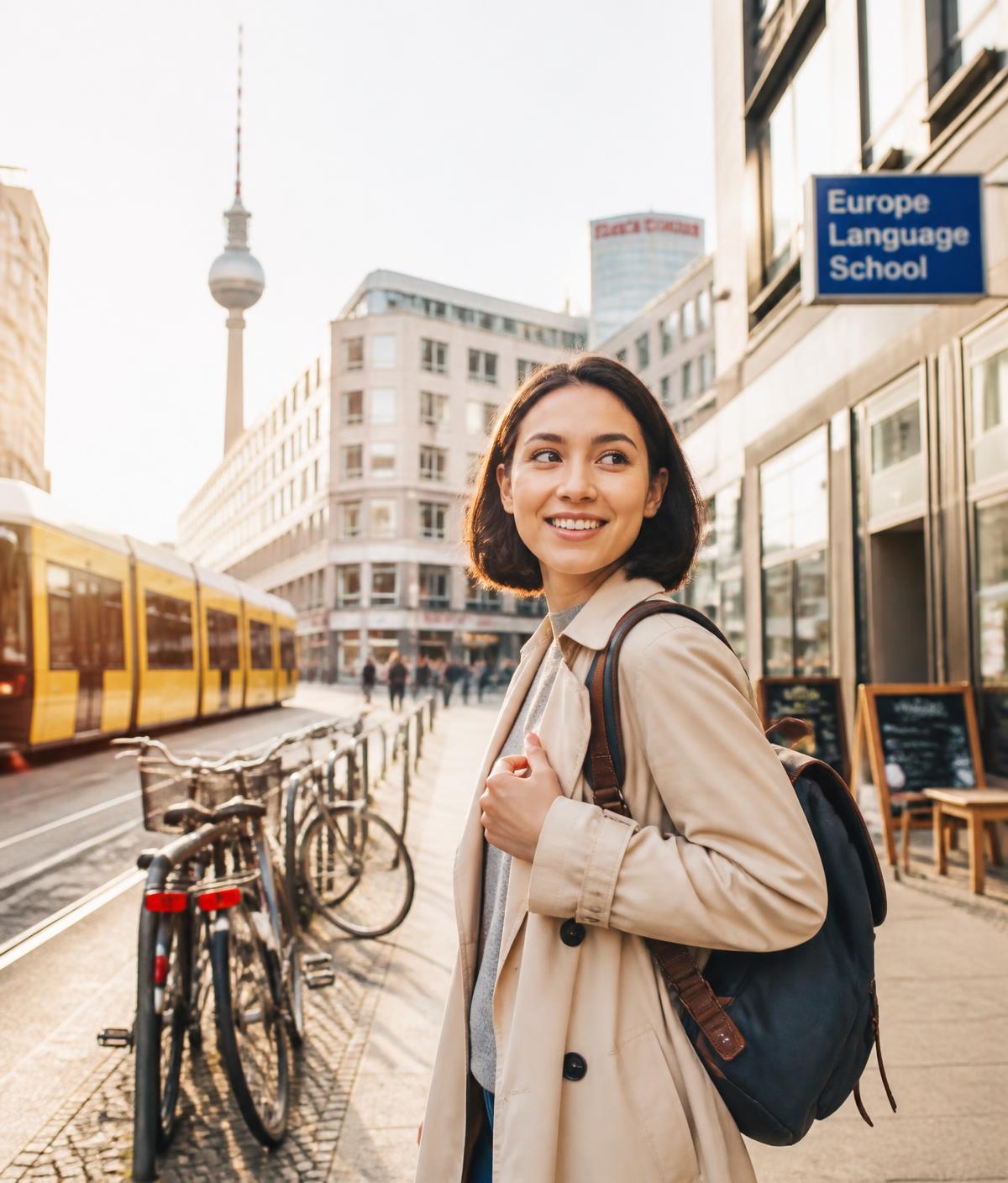 A young international student on a sunny street in a German city
